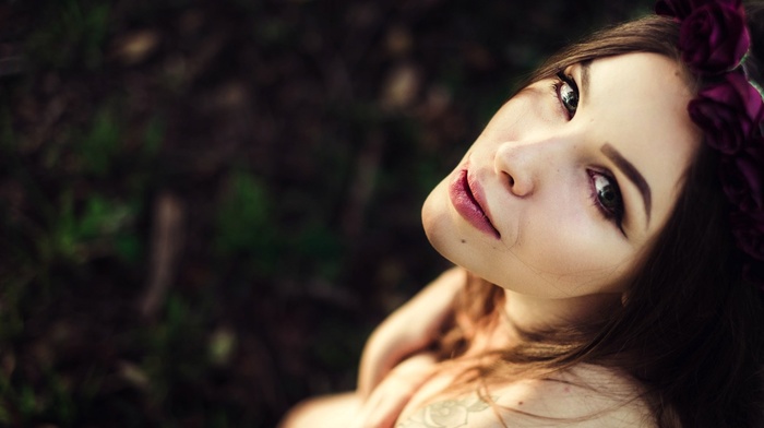 brunette, face, flowers