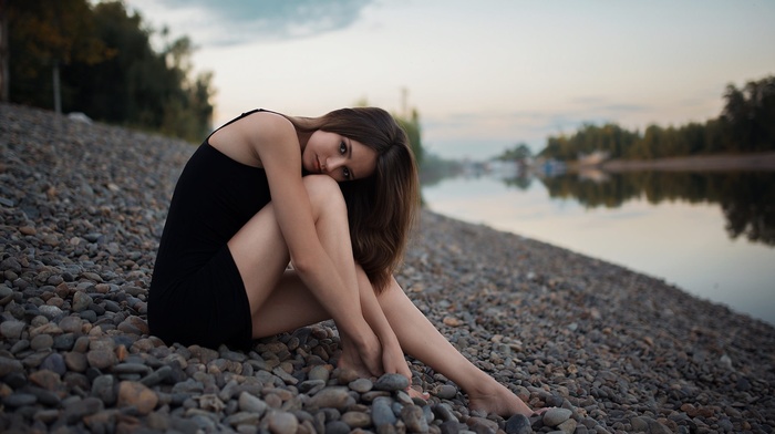 river, black dress, girl