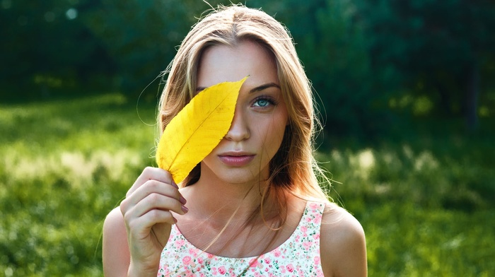 leaves, face, portrait, girl, blonde