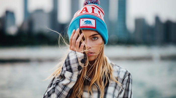 depth of field, california, woolly hat, cityscape, shirt, girl outdoors, looking at viewer, blonde, USA, open mouth, hat, face, long hair, plaid, girl, city, blue eyes