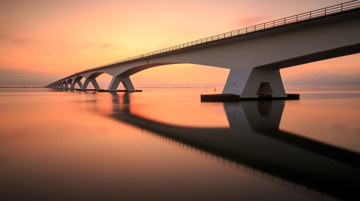 water, reflection, bridge, evening, sunset