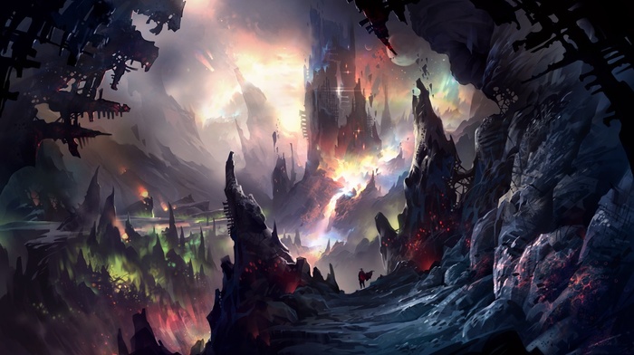 colorful, illustration, painting, cave, fantasy art