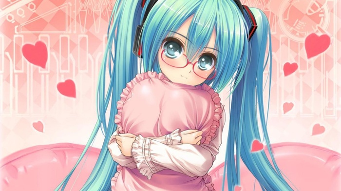 music, pink, glasses, hearts, Vocaloid, blue hair, Hatsune Miku