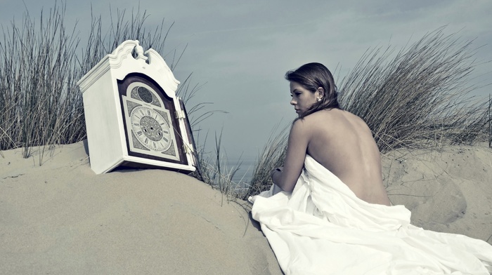 beach, girl outdoors, time, clocks, sand, strategic covering, model