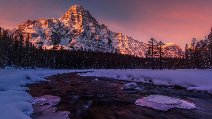 Alberta, frost, Canada, snowy peak, nature, cold, lake, mountain, winter, snow, forest, landscape, sunrise, trees