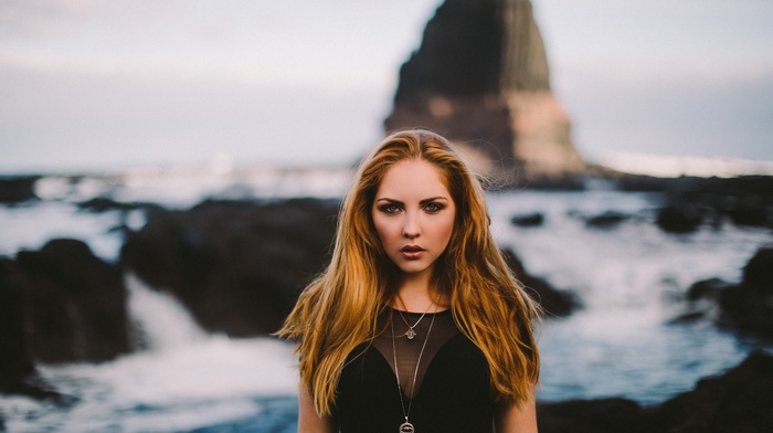 rock, sea, girl, face, portrait