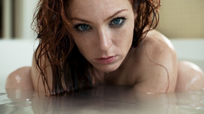 portrait, girl, redhead, bathtub, wet body, face, wet hair