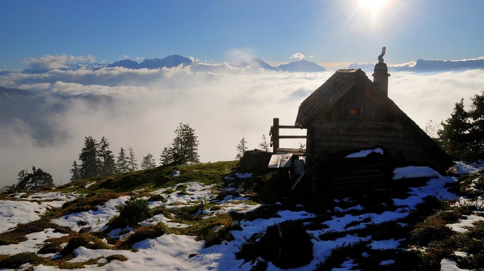 Austria, snowy peak, cabin