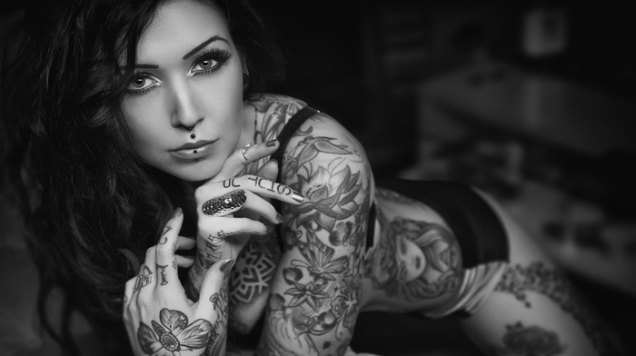 tattoo, Evilla D Ark, monochrome, piercing, girl, lingerie, rings