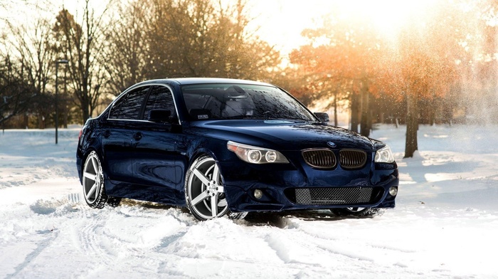snow, car, BMW 5 Series, BMW E60, trees, winter, sunset, BMW