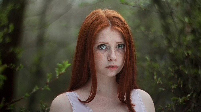 redhead, forest, freckles, face, girl, model