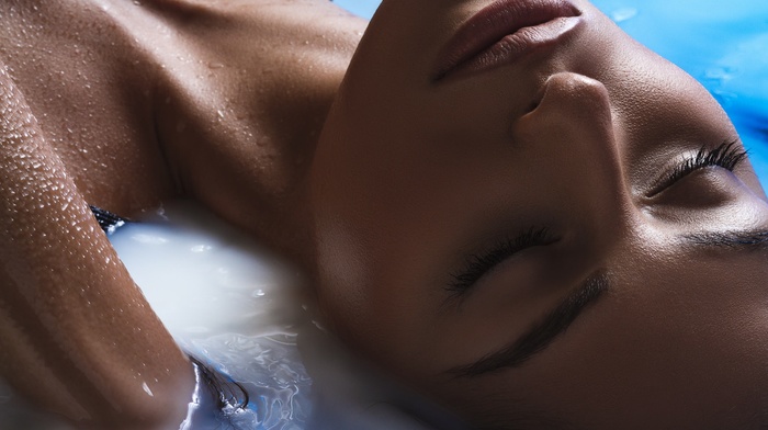 closed eyes, wet hair, girl, face, model