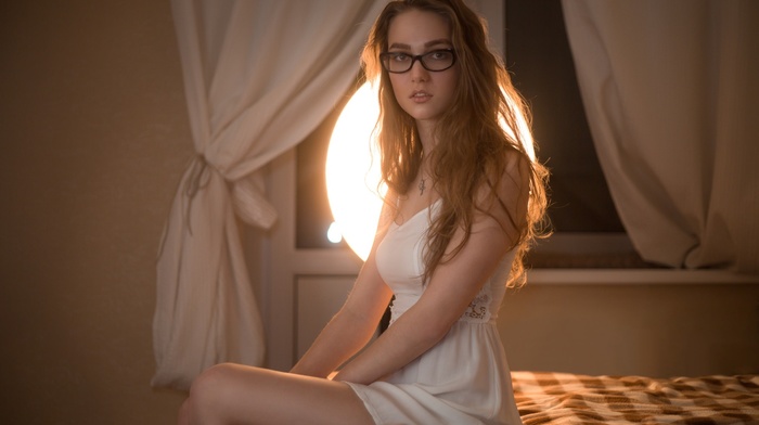 girl, sitting, in bed, girl with glasses, blonde, open mouth, white dress