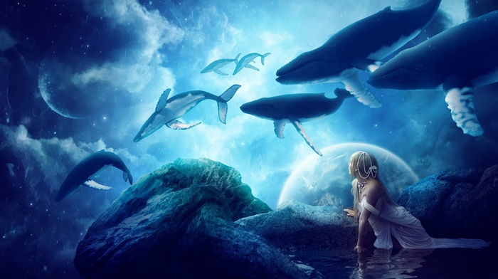 water, blue, artwork, reflection, animals, planet, clouds, whale, fantasy art