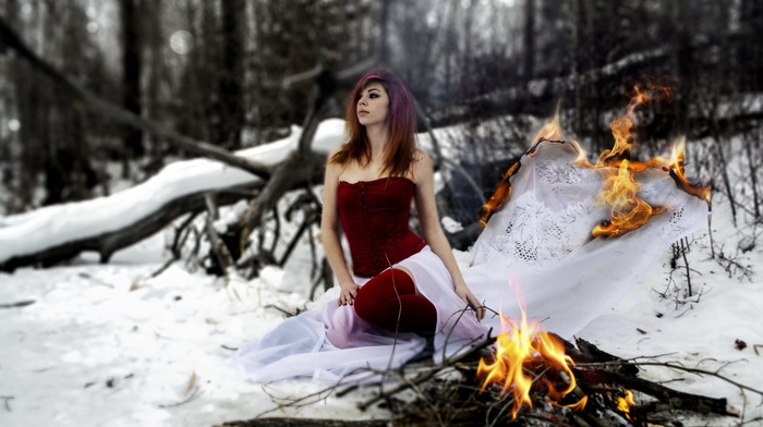 pierced lip, looking away, fire, trees, snow, winter, bare shoulders, brunette, forest, wood, nature, red dress, girl, long hair, burning, surreal, model, girl outdoors, veils, sitting