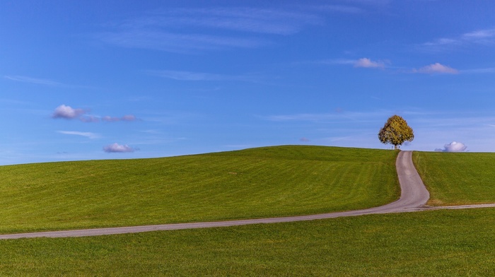 minimalism, grass, nature, trees, road, clouds, hill, landscape, field, sky