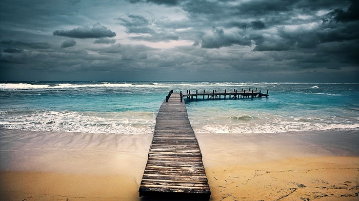 Honduras, clouds, sand, sea, landscape, beach, nature, waves, sky, pier, dock, tropical