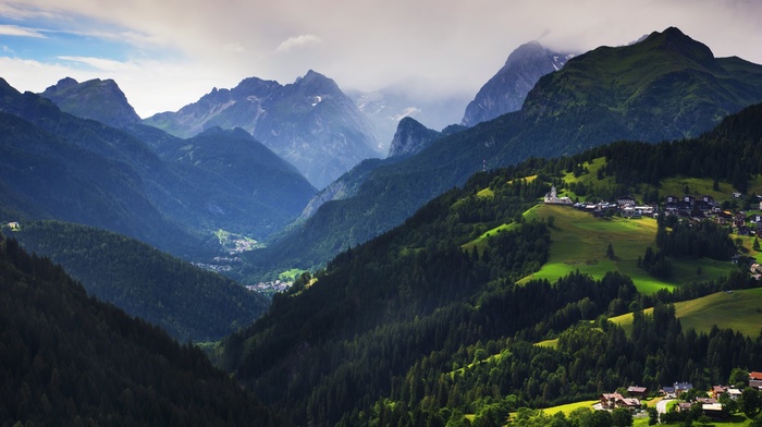 village, valley, summer, mist, clouds, mountain, landscape, Alps, Italy, nature, forest