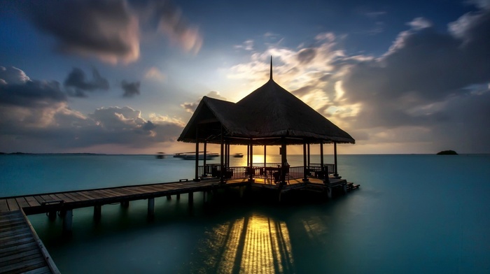 sunset, landscape, hut, reflection, sunlight, clouds, water, gazebo, pier, boat, sea, shadow, calm, long exposure