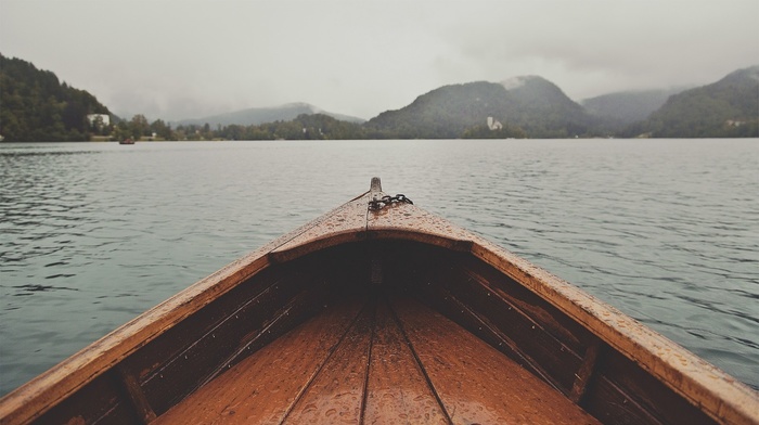 wet, lake, mountain, boat, water, clouds