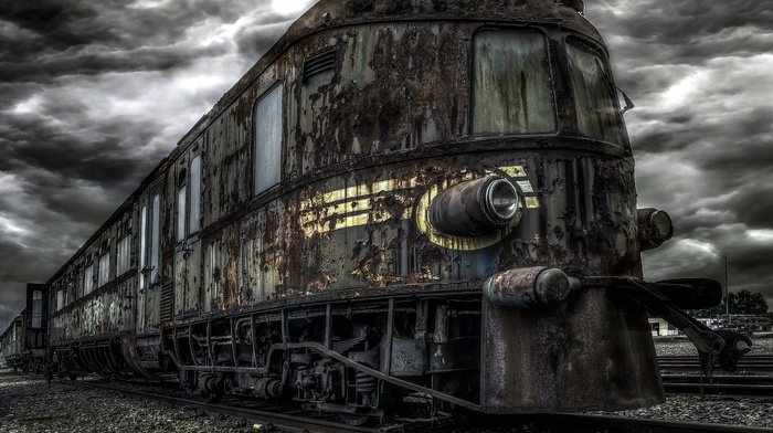 abandoned, train, vehicle, HDR, overcast, ruin, railway, old