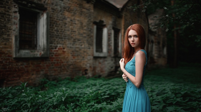 girl outdoors, dress, old building, building, blue dress, Georgiy Chernyadyev, redhead, bricks, girl
