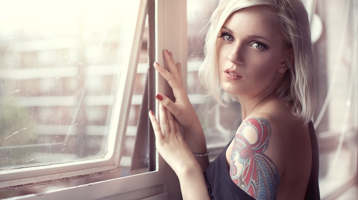 tattoo, blonde, girl, portrait, face