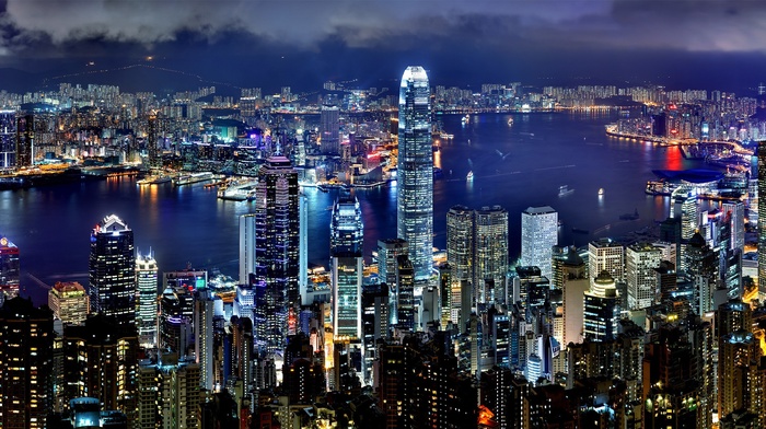 city, skyscraper, lights, night, Hong Kong, building, multiple display