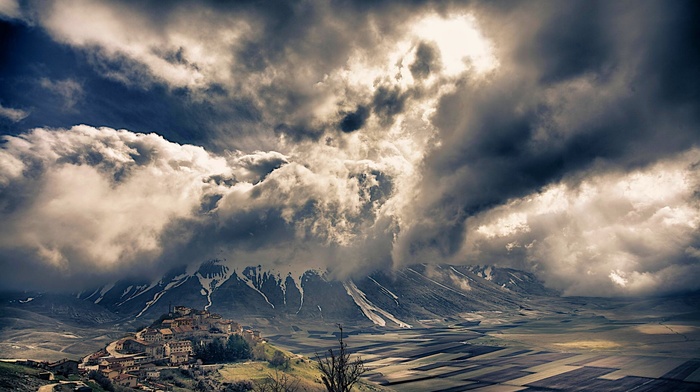 village, storm, Alps, landscape, nature, clouds, Italy, mountain, snowy peak, field, sky, valley