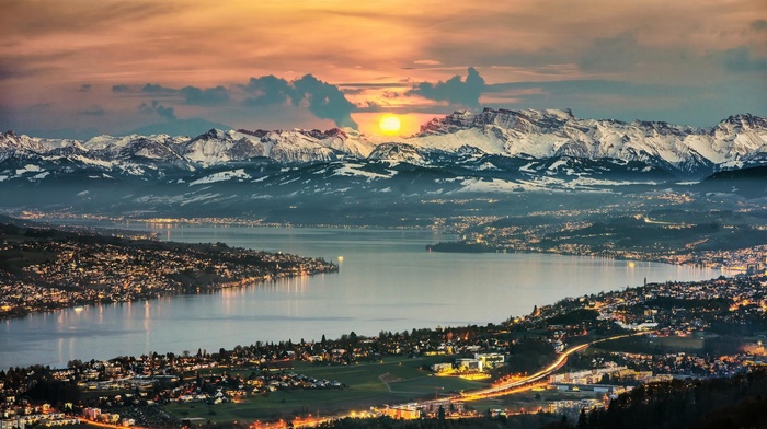 lights, landscape, clouds, cityscape, snowy peak, sunrise, Switzerland, lake, Zurich, nature, mountain, sky, panoramas