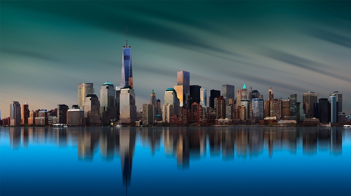 building, New York City, island, calm, skyline, water, Manhattan, architecture, landscape, cityscape, metropolis, sunrise, skyscraper, World Trade Center, sea, reflection