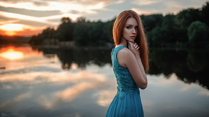 model, girl, blue eyes, lake, redhead, sunset, dress, Georgiy Chernyadyev