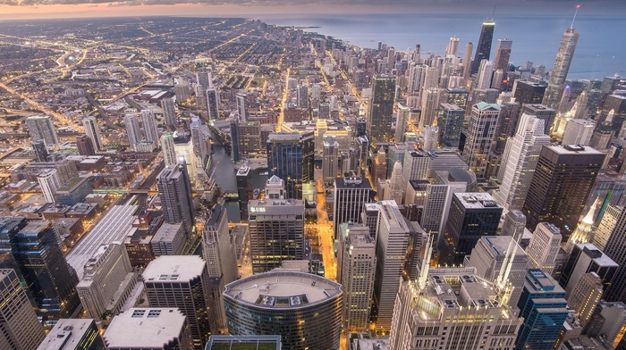 street light, cityscape, USA, city, sunset, building, sea, Chicago, skyscraper