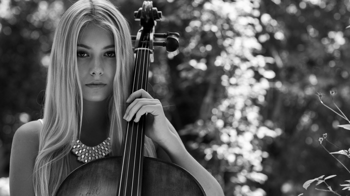 contrabass, long hair, model, fingers, girl, playing, music, nature, girl outdoors, bokeh, bare shoulders, looking at viewer, necklace, cello, trees, musicians, monochrome, blonde