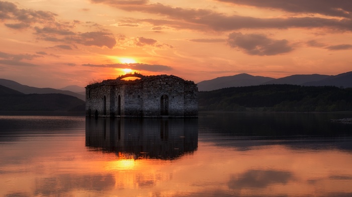 old building, stone, Bulgaria, clouds, nature, church, ruin, trees, birds, spring, sunset, landscape, hill, reflection, forest, Sun, water, dam, lake