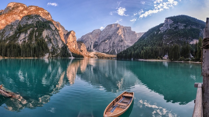 mountain, church, lake, forest, nature, turquoise, reflection, boat, water, summer, morning, Italy, landscape