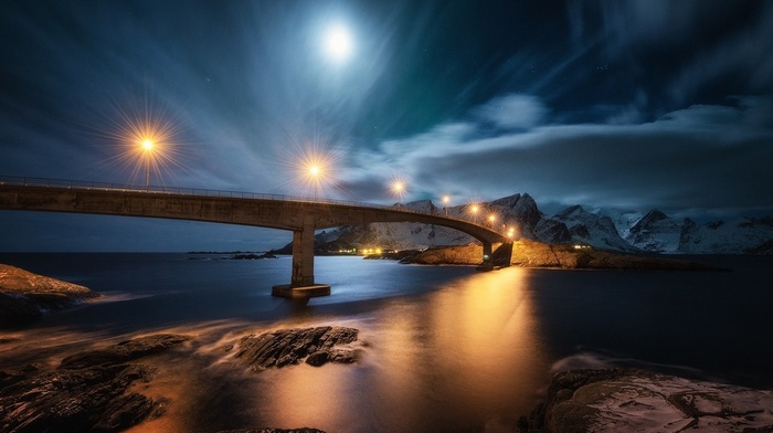water, lights, fjord, snow, sea, island, night, nature, clouds, bridge, moon, mountain, landscape, rock, Norway