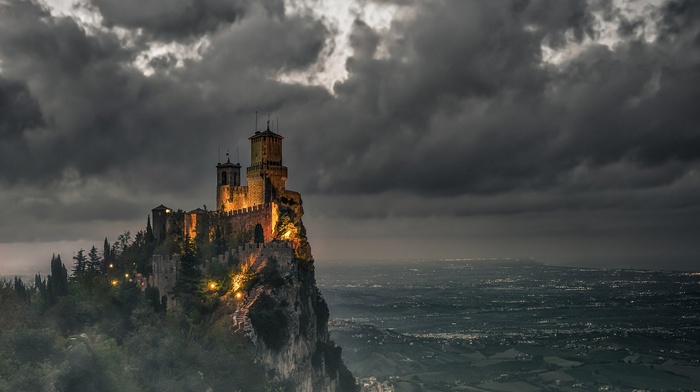 castle, clouds, sky, valley, lights, landscape, mountain, mist, shrubs, San Marino