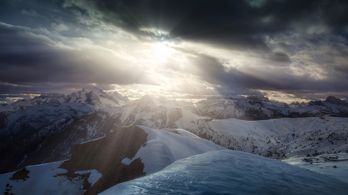 sun rays, landscape, Dolomites mountains, snow, clouds, Italy, sky, summit, mountain, nature, sunset, Alps