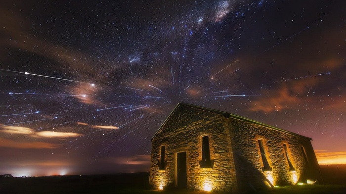 lights, landscape, starry night, mist, galaxy, monument, New Zealand, nature, Milky Way