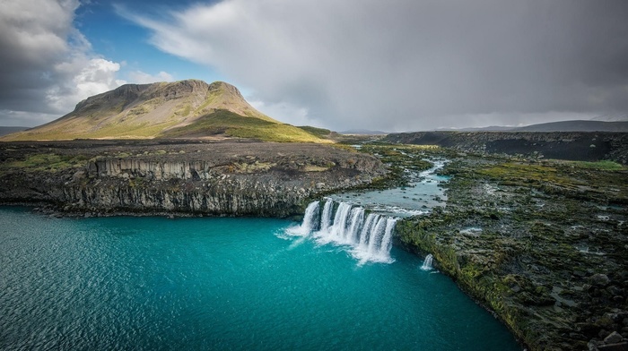 landscape, lake, fall, cliff, Iceland, waterfall, mountain, river, water, turquoise, nature, field, clouds, lava