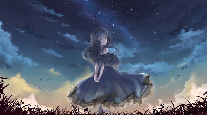 blue dress, anime girls, night