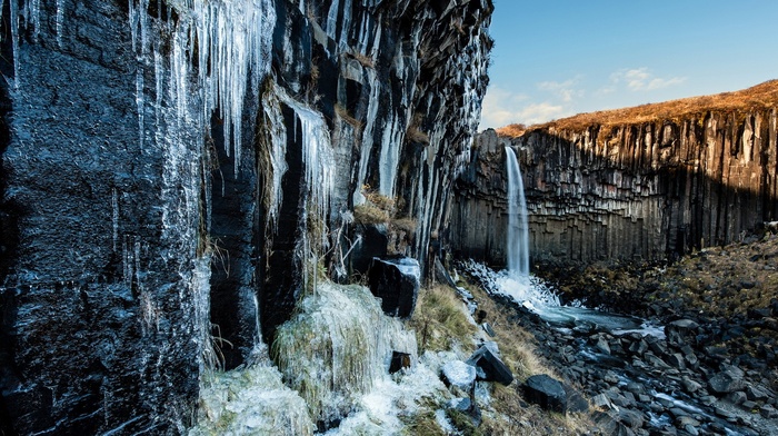 icicle, waterfall, rock, shadow, cliff, nature, ice, landscape, sunlight