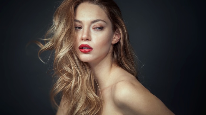 red lipstick, portrait, long hair, model, bare shoulders, blonde, girl