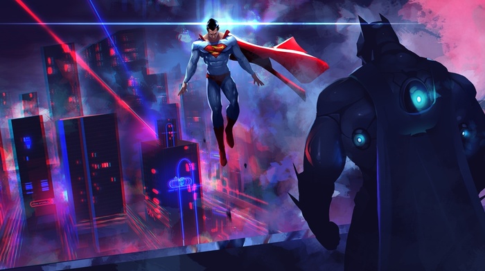 artwork, Batman, neon light, DC Comics, Superman