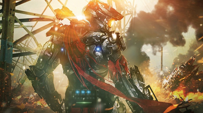 futuristic, cyborg, armor, soldier, war, Halo, artwork