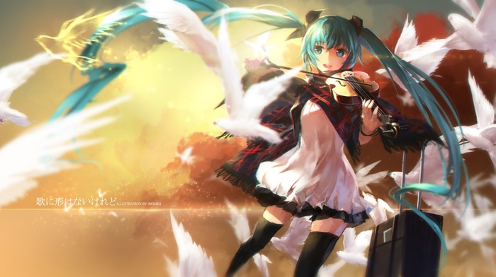 floating, Hatsune Miku, long hair, clouds, twintails, violin, anime girls, swd3e2, birds, anime, Vocaloid, dress
