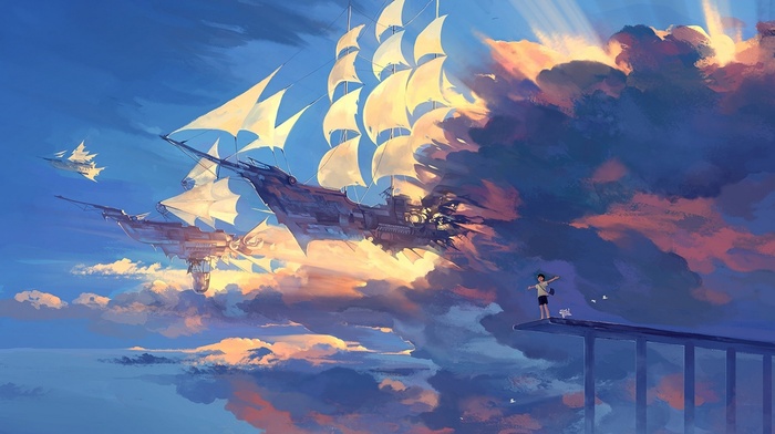 ship, sky, sailing ship, clouds, anime