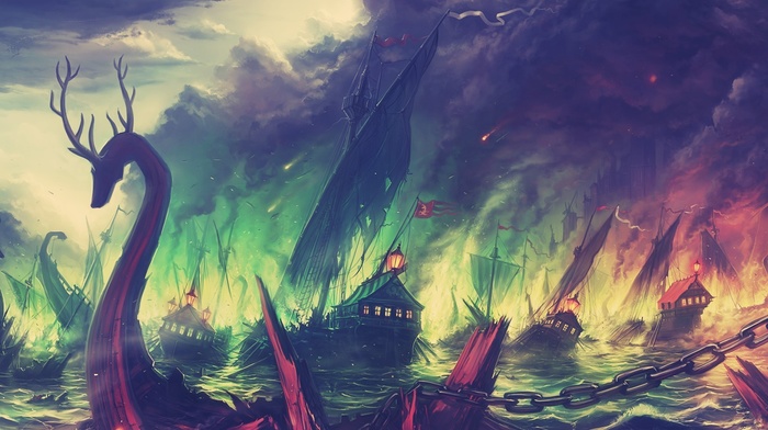 fire, Blackwater, boat, fantasy art, colorful, landscape, Game of Thrones, mountain, fall