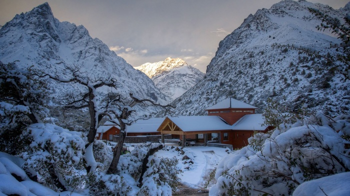 Andes, landscape, nature, cold, sunset, hotels, trees, mountain, snow, Chile, winter